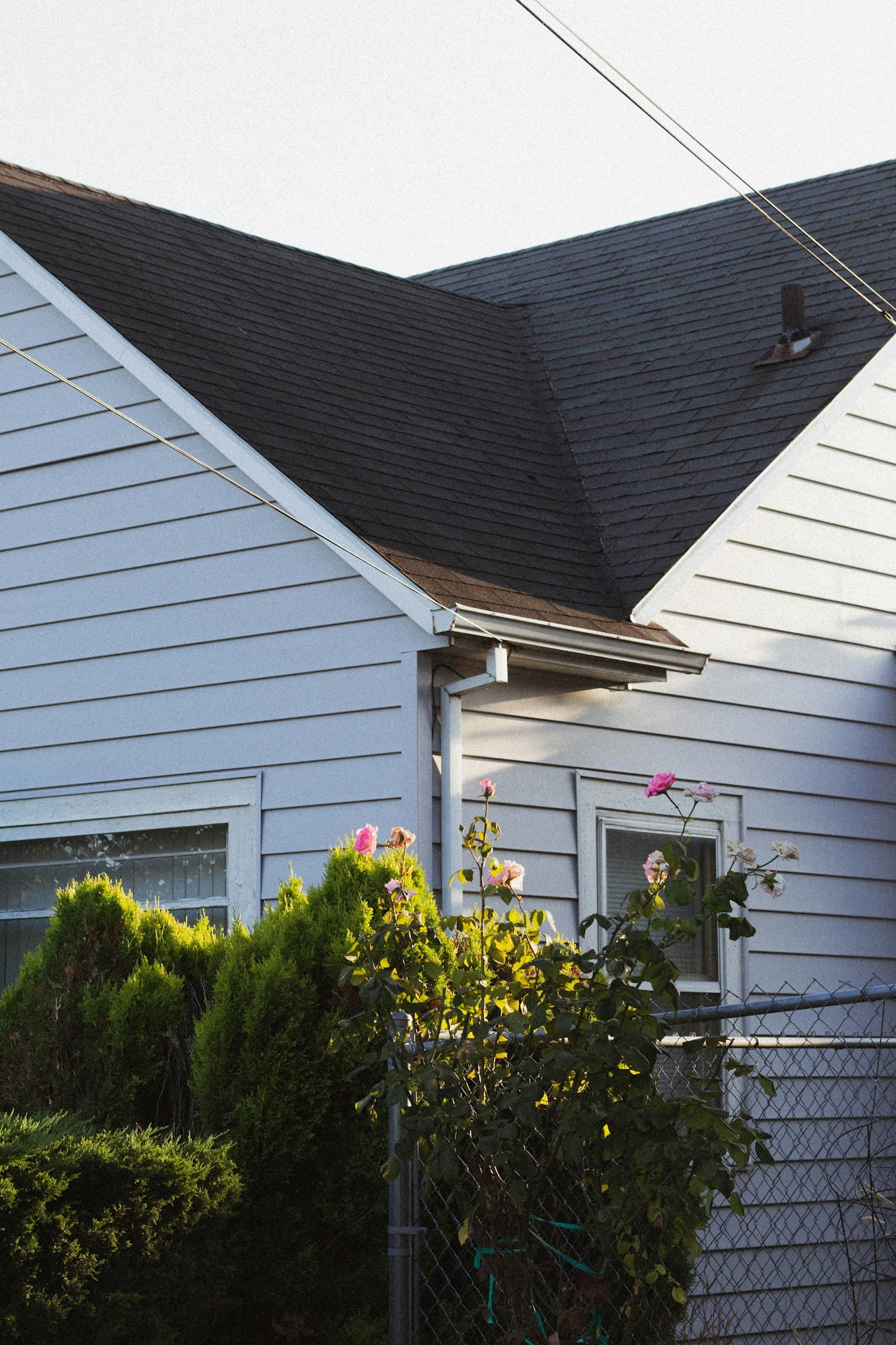 A steep-pitched residential roof